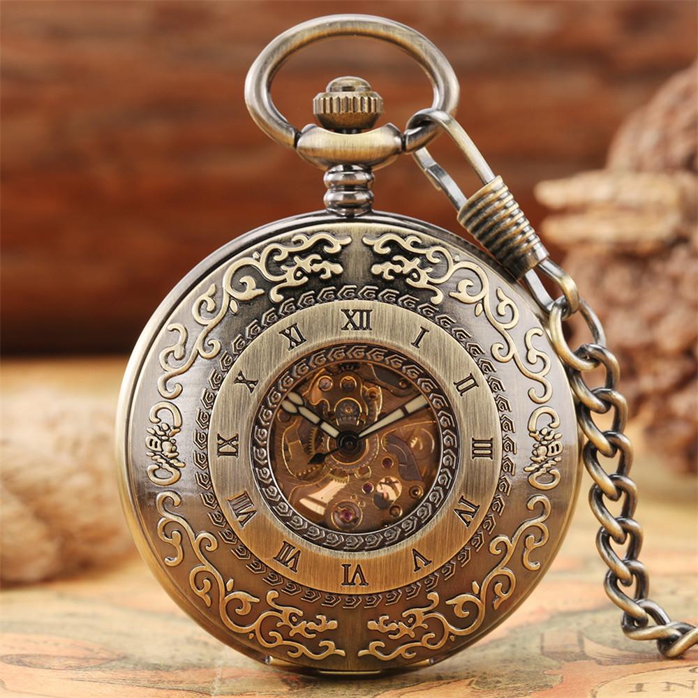 Roman Numerals Mechanical Self-Wind Pocket Watch Male Vintage Bronze Half Hunter FOB Chain Automatic Pocket Pendant Timepiece