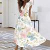 Women's Long Casual Dress Summer Short-Sleeve V-Neck Waist Retraction Printed Dress
