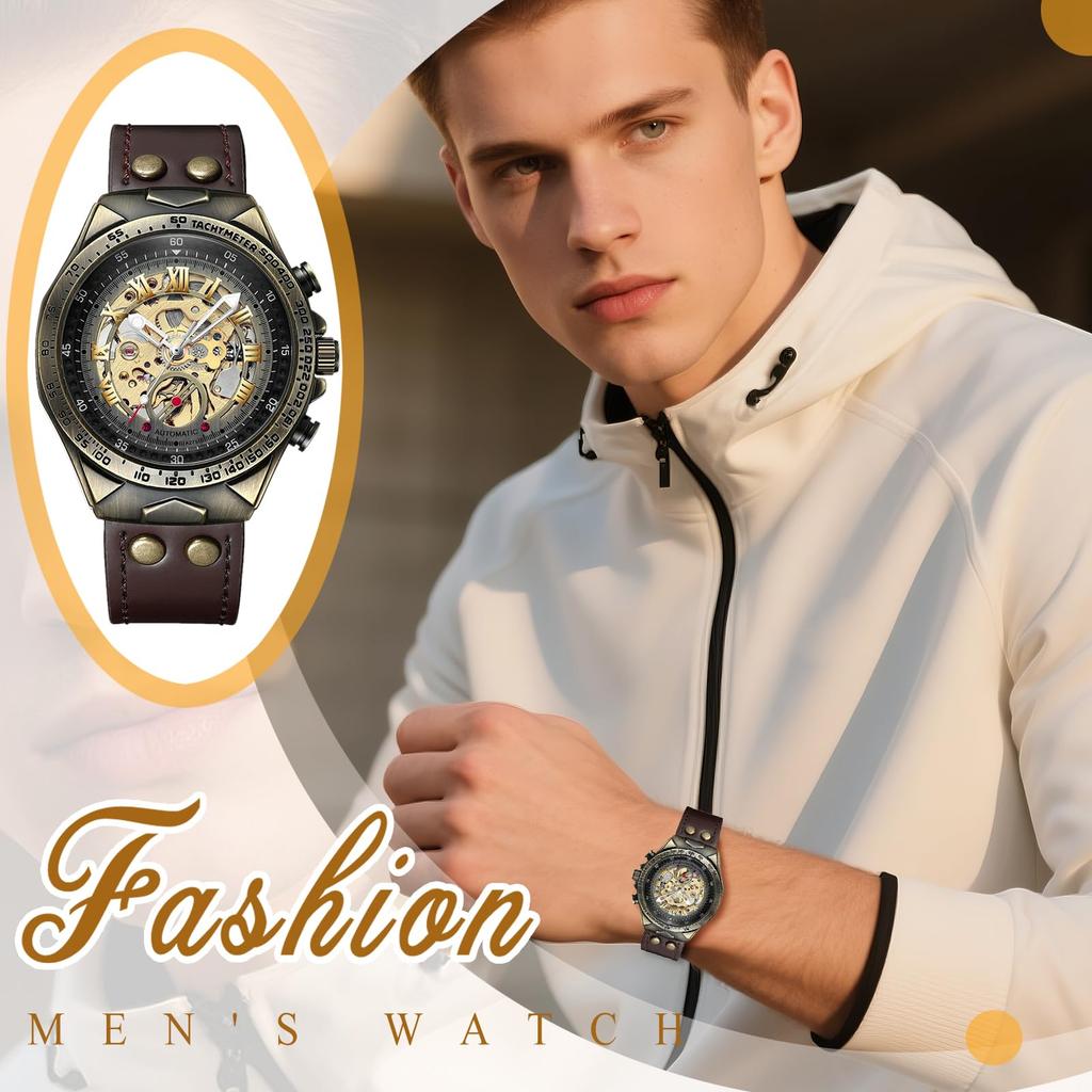 Automatic Winding Men's Skeleton Watch with Genuine Leather Strap: Roman Numerals, Analog Display, 3ATM Water Resistant, Suitable for Leisure, Busines