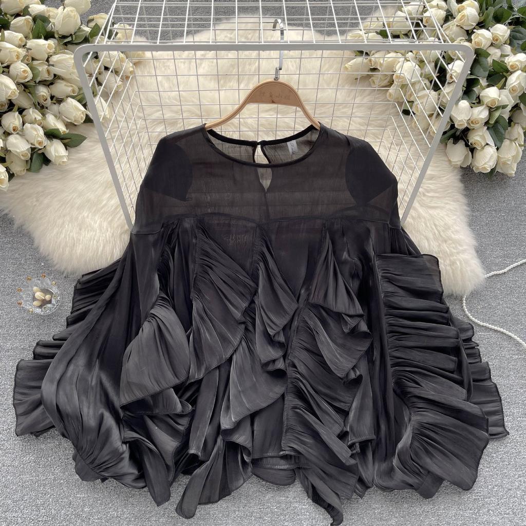 Unregelmäßige Rüschen Langarm Loose Shirt Damen Herbst Französisch Bluse