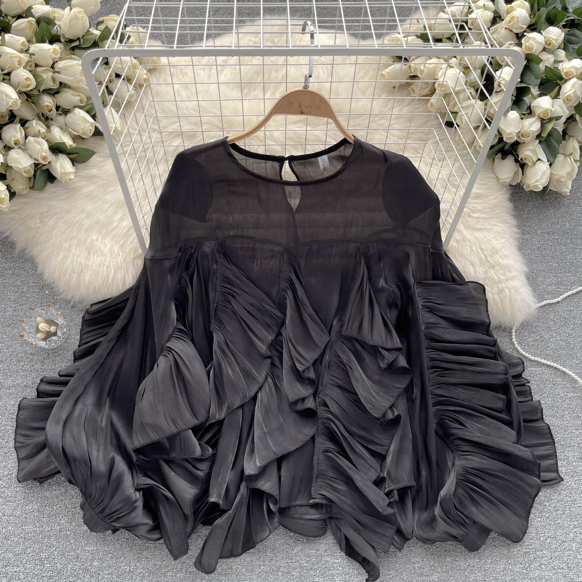 

Нерегулярная свободная рубашка с длинными рукавами и оборками, женская осенняя французская блузка One size чёрный