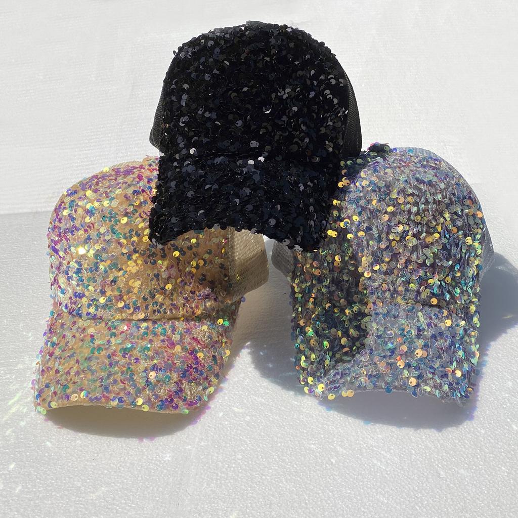 Fashion Ladies Full Sequin Decor Trucker Cap, Shiny Mesh Back Peaked Hat, Adjustable Sun Protection Baseball Hat for Outdoor Vacation