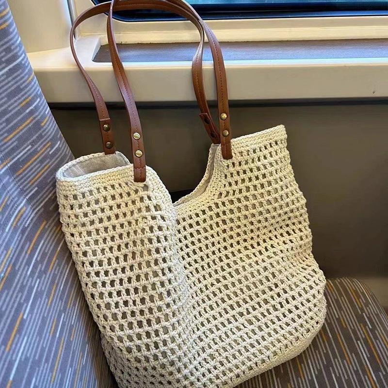 

Woven Bag Spring Grass Woven Tote Bag Large Capacity Shoulder Seaside Vacation Women S Bag Beach Bag брудно-білий