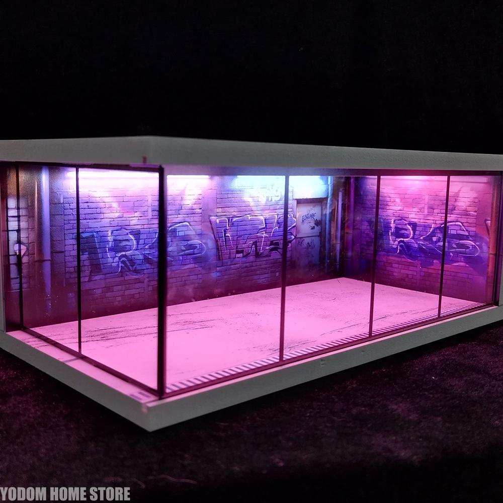 Maßstab 1/64 Auto Garage Diorama USB LED Licht Realistisches Parkplatz Vitrine für Modellautos Miniaturfahrzeuge Dekorationen