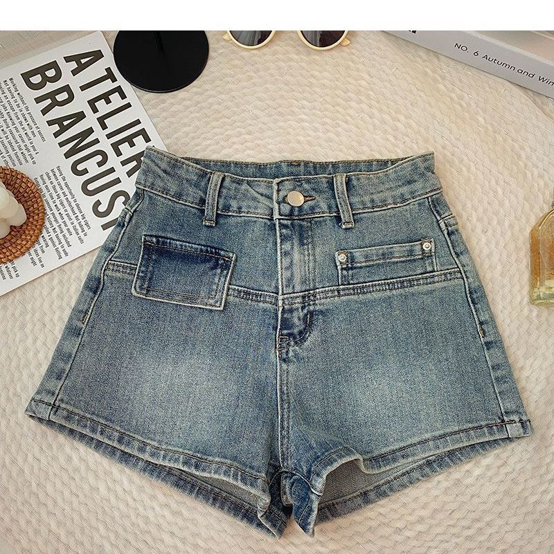 

Летние женские сине-черные шорты, новые модные однотонные джинсовые шорты с высокой талией, нестандартные, А-силуэта, широкие штанины S синий