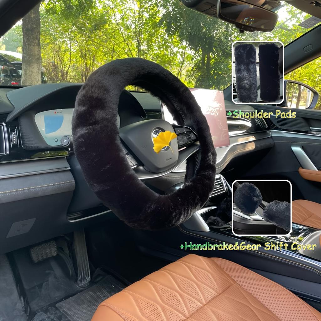 Fuzzy Steering Wheel Cover, Cute Fluffy Steering Wheel Cover With Rainbow Furry Handbrake & Gear Shift Cover Fur Decor