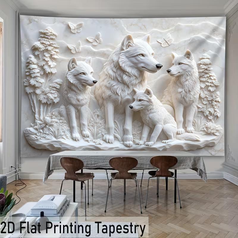 2D Marble Carved Wolf Family Background Cloth for Nature & Animal Lovers Room Decor