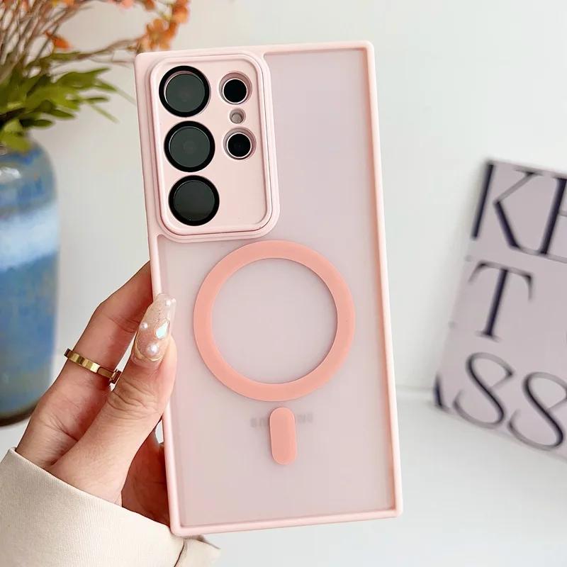 For Samsung Galaxy S24 S23 S22 Ultra Plus + Magnetic Phone Case with Camera Lens Film Protection Matte Soft Cover