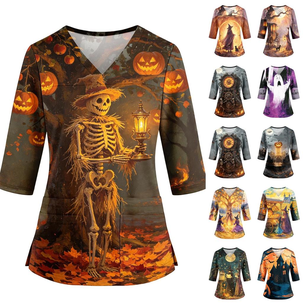 Women's Halloween Top V-Neck with Pockets Side Slit 3/4 Sleeve Costume Scrub Shirt