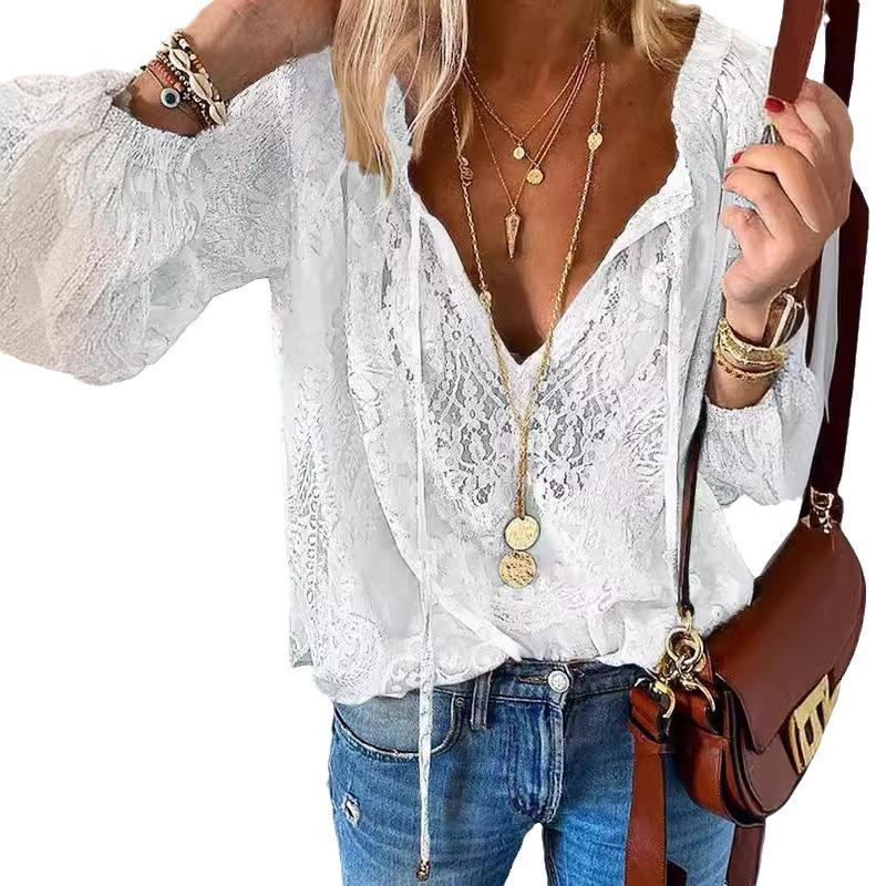 Loose Fit V Neck Long Sleeve Pullover Solid Color Commuter Shirt