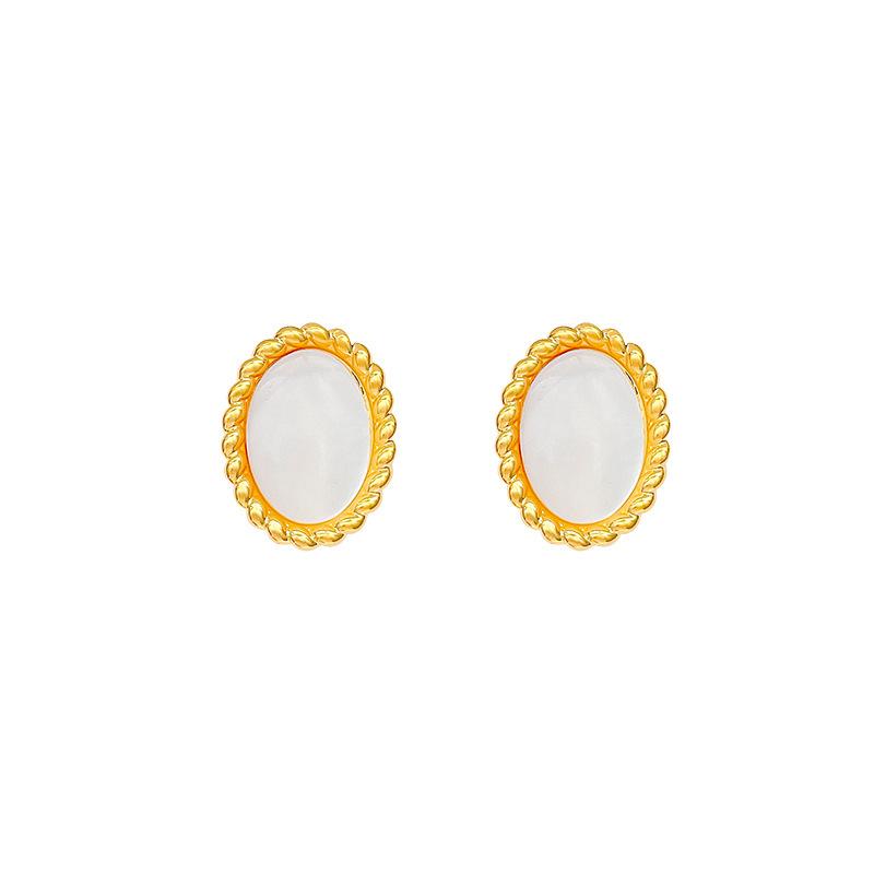 Natural White Fritillary Black Agate Oval Stud Earrings Women's Antique Light Luxury Temperament Earrings S Silver Needle Earrings