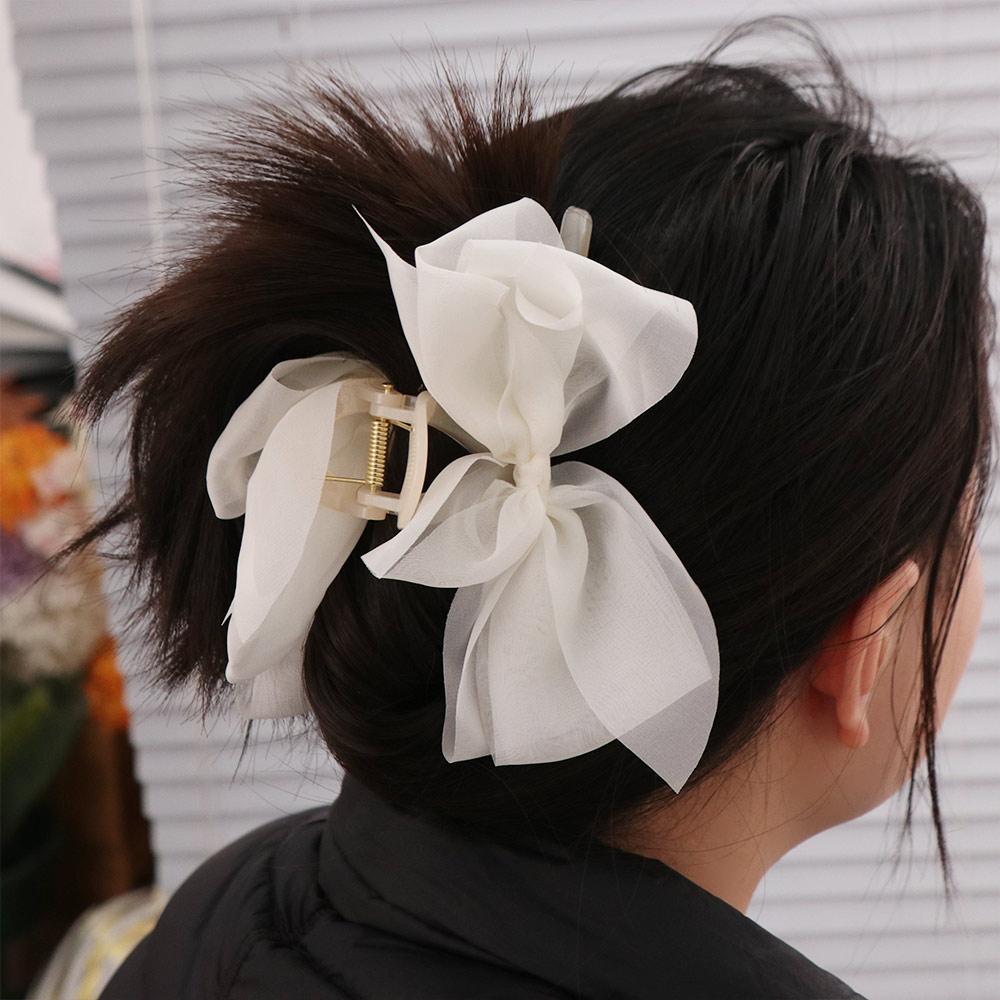 Large Bow Shark Clip French Style Women Hair Grab Luxury Chiffon Hair Claw  Hair Accessory