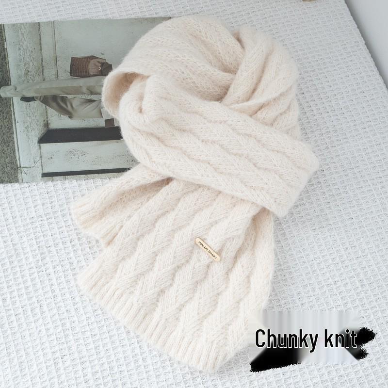 Winter 2025 Women's Red Knit Scarf: Korean Style, Trendy, Warm, Mixed Fiber, Plush Solid Color
