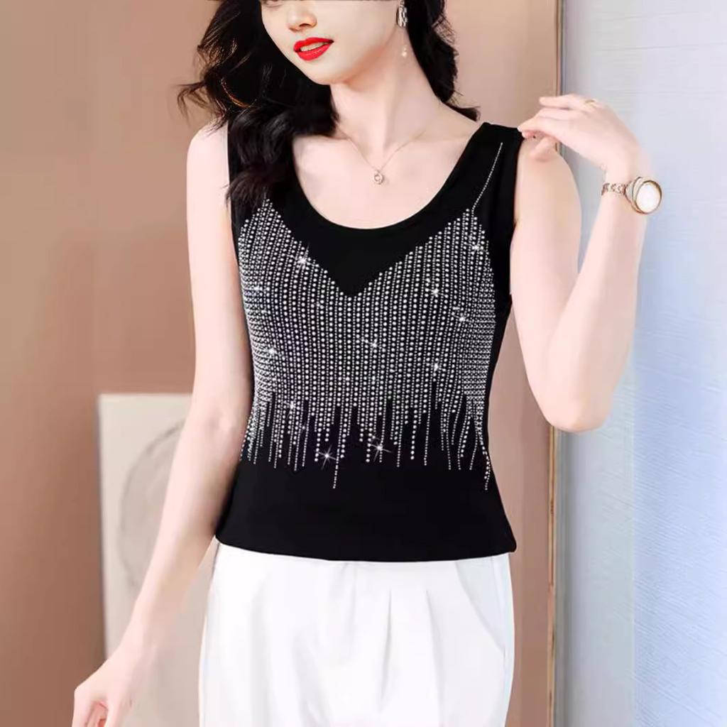 Temperament Diamond-encrusted Black High-elastic Sling Vest for Women's Inner Wear 2025 New Suit Backing Sleeveless Outer Wear Top Summer