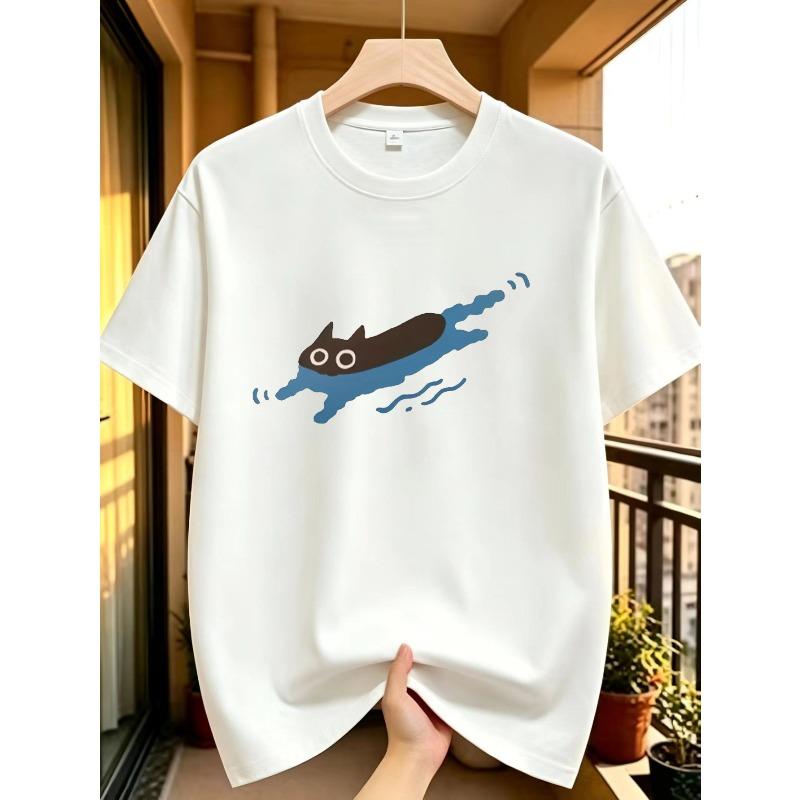 European sizes Cat Lovers Swimming Black Cat Crew Neck Short Sleeve T-Shirt, Men'S Loose Streetwear Fashion Style