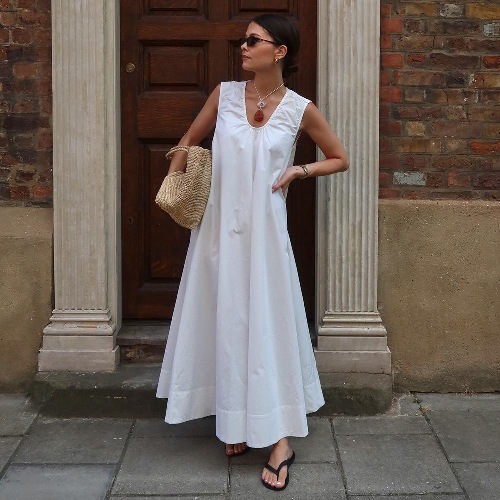 Ärmelloses Kleid Europäischer und Amerikanischer Sommer Neu Reine Baumwolle Urlaub Lässig U-Ausschnitt Locker Lang Kleid Kleid