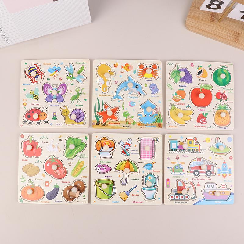 1 Set Cartoon Tier Verkehr Handgreifbretter Holzpuzzle Montessori Spielzeug für Kinder Frühes Lernen Lernspielzeug