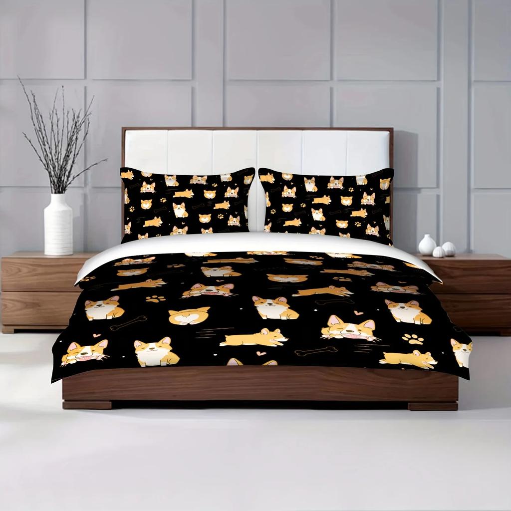 Cute Corgi Bedding Set Twin Size, Cartoon Dog Paws Footprint Duvet Cover Set 3pcs For Bed Decor, Smiling Corgi Pet Comforter