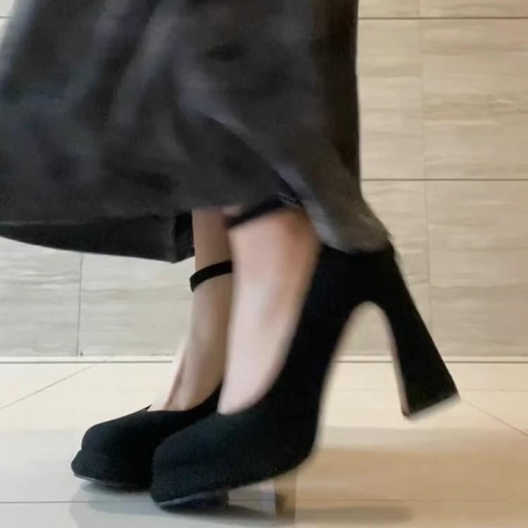 Sheepskin Version! Mary Jane High Heels Niche Square Head One-word Buckle with Thick Heel Not Tired Feet Waterproof Table Shallow Mouth Single Shoes