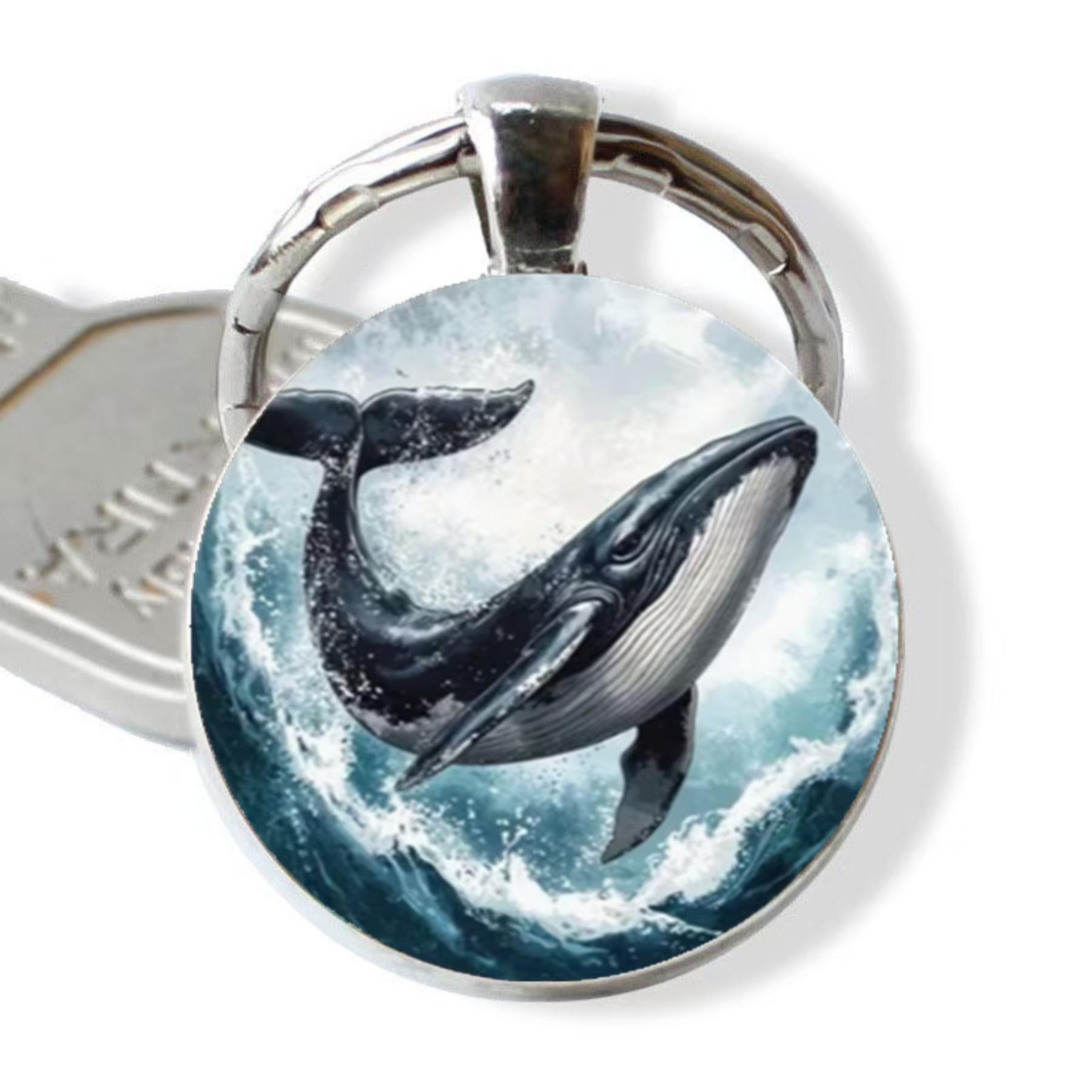 Ocean-themed whale time round glass keychain One Size