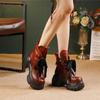 Johnature Genuine Leather Thick Soled High-heeled Boots Retro Lace-up Women's Short Platform Boots