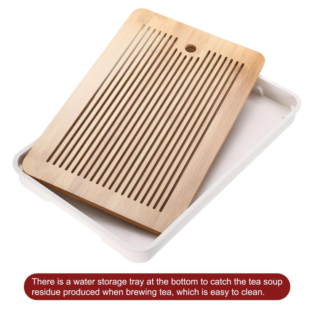 uxcell Bamboo Chinese Kung Fu Tea Tray, 14.2" Classic Tea Table, Bamboo Table, Vintage Tea Water Storage Box, Drinking Tea, Yellow and White