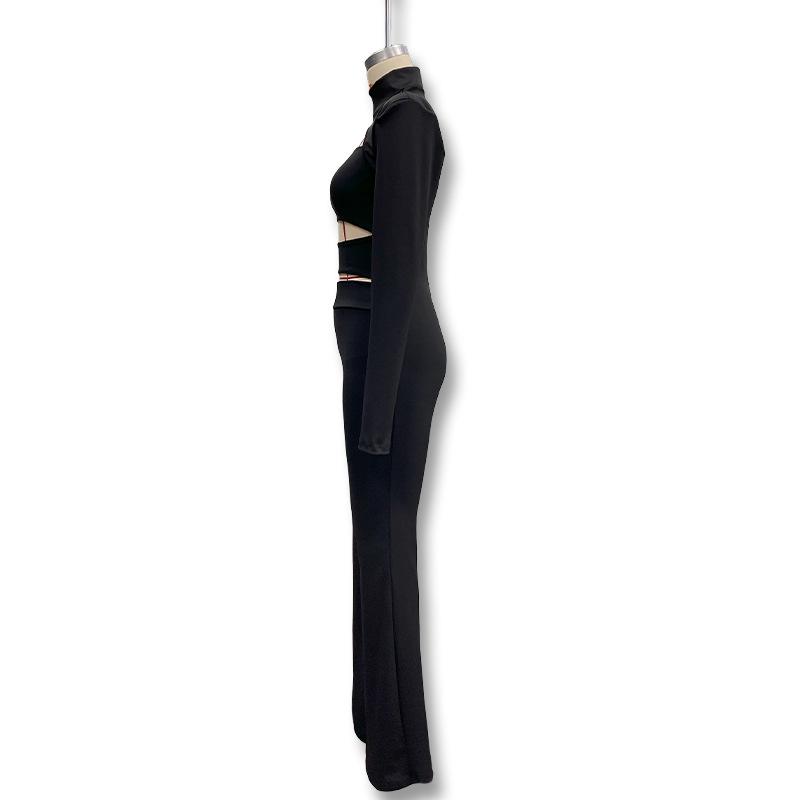 2025 Autumn European & American High-Neck Solid Color Slim-Fit Hollowed-Out Jumpsuit Set
