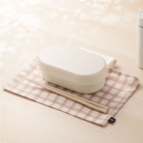 &NE Bento Bag with Ribbon, Linen-Like Check, Pink, 28cm W x 18cm H, Ribbon Length 23cm, Made in Japan, 100% Cotton, No Gusset, Quick Drying, Simple, C