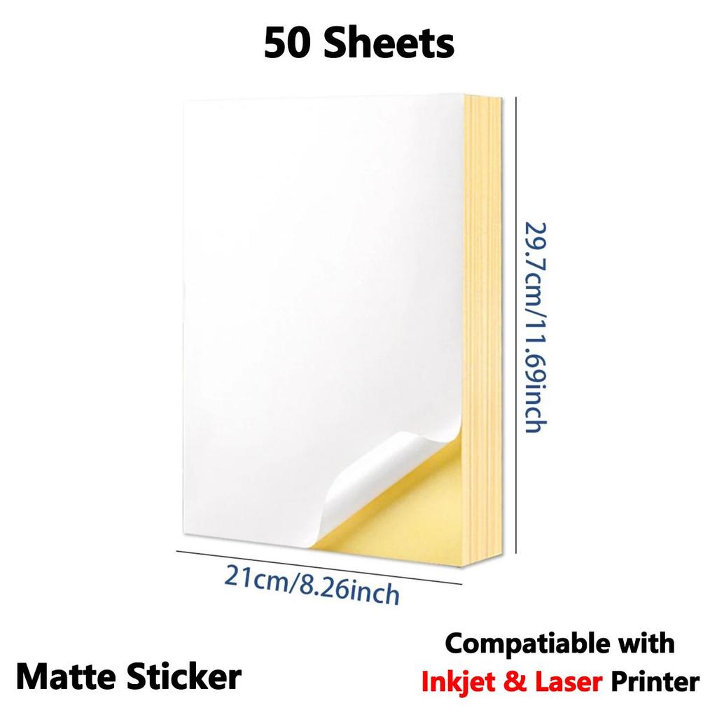 Printable Sticker Paper Glossy White 50 Sheets 8.5"x11" for Inkjet & Laser Printer, Dries Quickly Sticker Paper Self-Adhesive