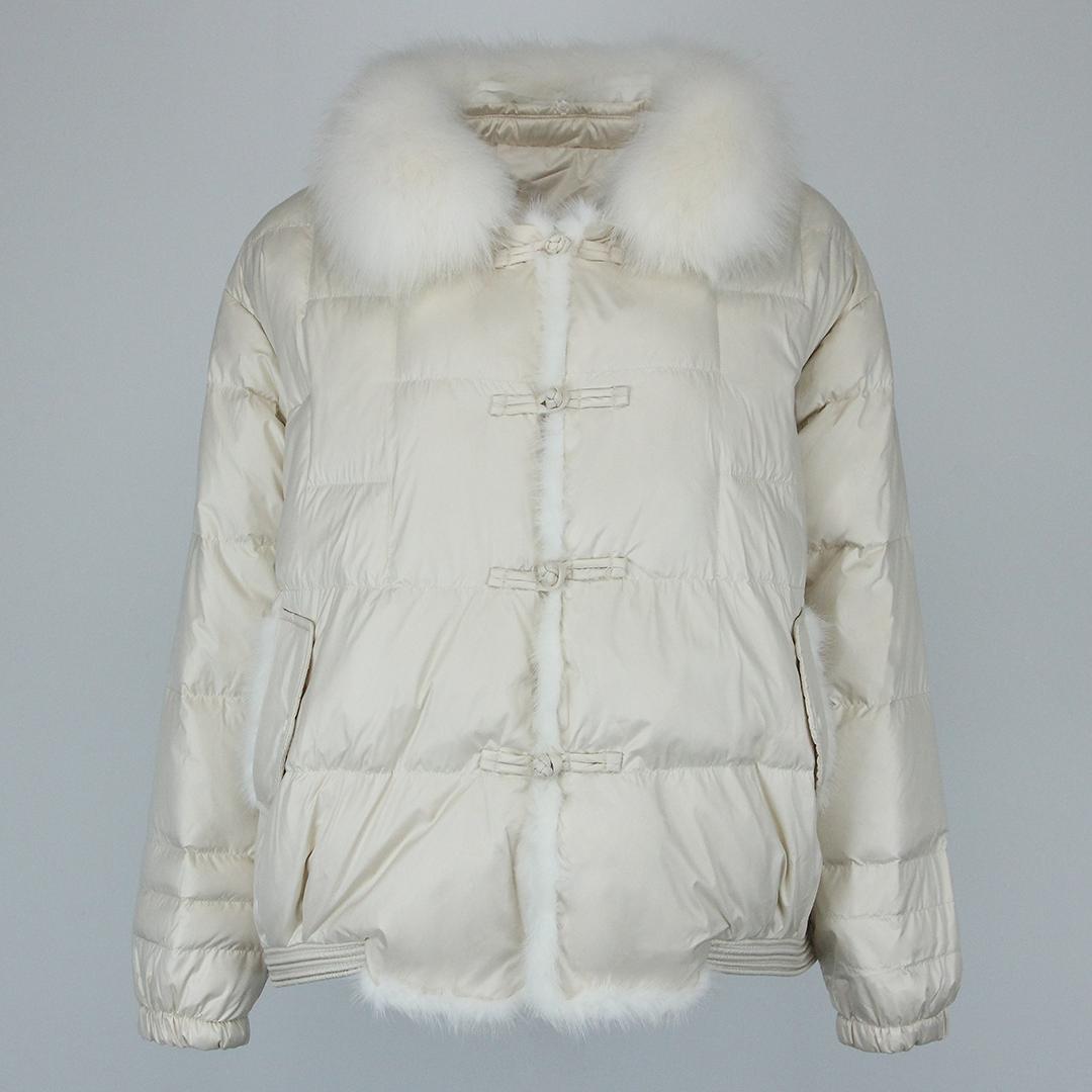 

OFTBUY 2024, зимняя короткая пуховая женская куртка из натурального меха лисьей норки, пуховое пальто с воротником и планкой на пуговицах, плотная теплая свободная верхняя одежда L покинуть белый