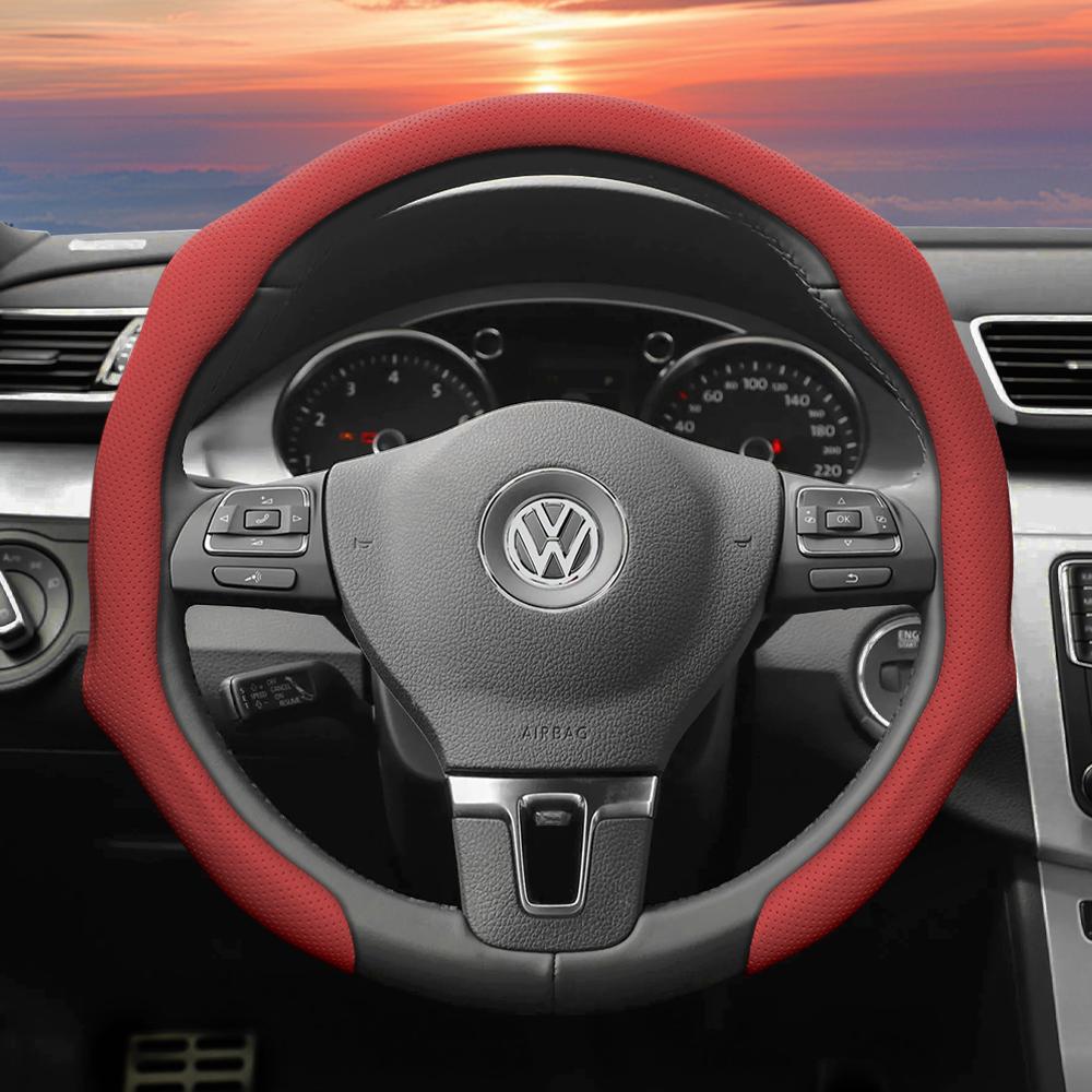 Suitable for Volkswagen Perforated Leather Steering Wheel Cover, Non-Slip Breathable Integrated Protective Case Golf Passat Polo Jetta