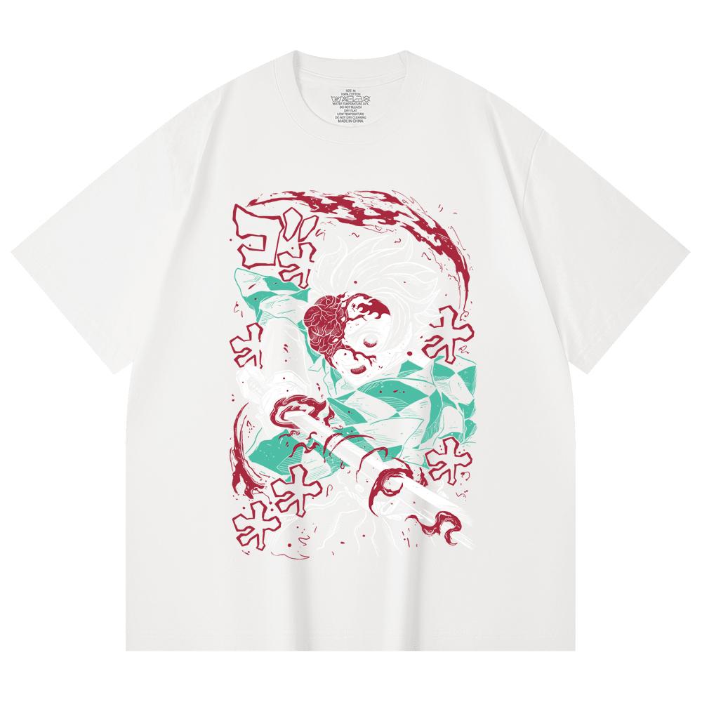230 Gsm 100% Cotton Demon Slayer V41 Demon Tanjiro Print Unisex Heavy Cotton T Shirt