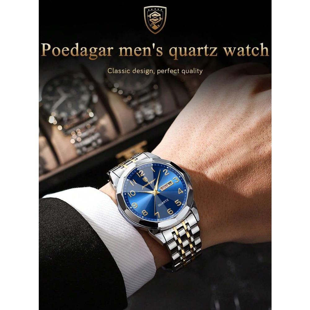 POEDAGAR 1pc Business Men's Stainless Steel Quartz Waterproof Luminous Watches, Dual Calendar Display, Men Gift