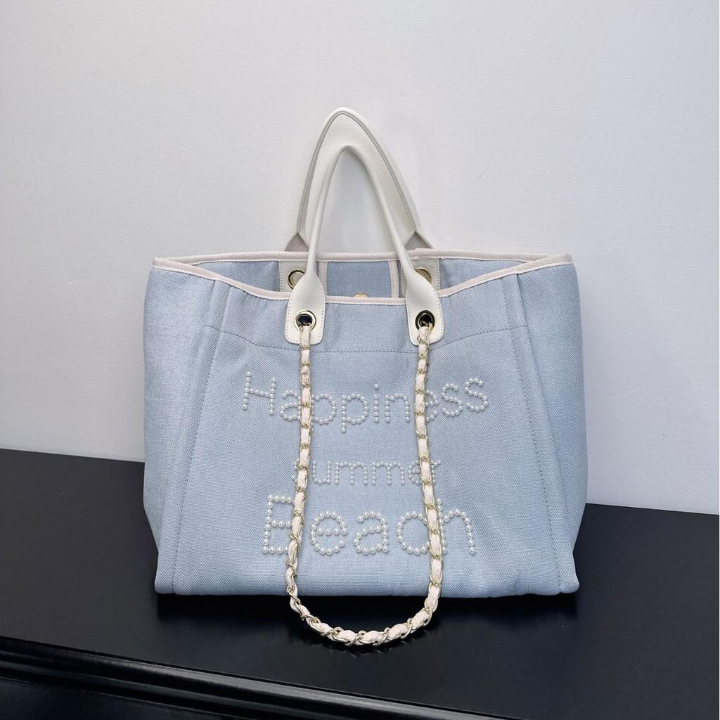 Pearl embroidered beach bag canvas chain bag large capacity handbag shoulder shopping bag women's tote bag