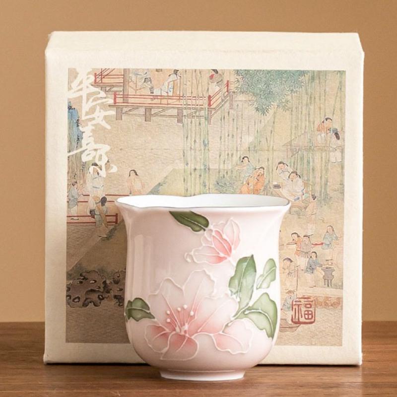 Handbemalte gestapelte Teetasse Rosa Lilie Keramik Meistertassen Retro Vintage Haushalt Teeschalen Chinesisches Kung Fu Teeservice Geschenkbox