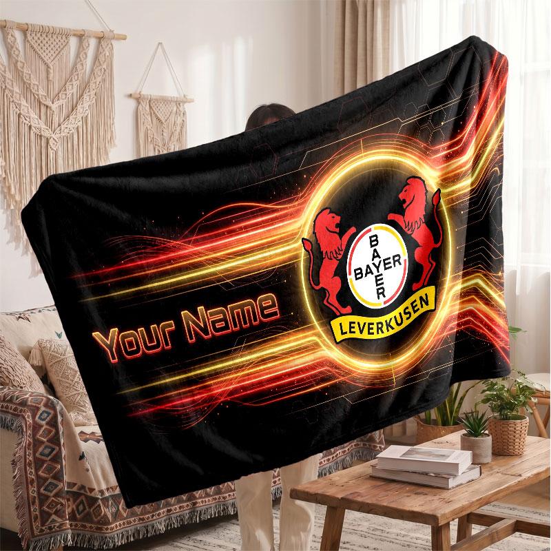 Bayer Leverkusen Football Personalized Fleece Blanket With Football Logo, Custom Name Text Soft Warm Home Throw Blanket