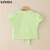 VONDA Women Lapel Collar Short Sleeve Twisted Lace Hem Casual Cropped Blouse