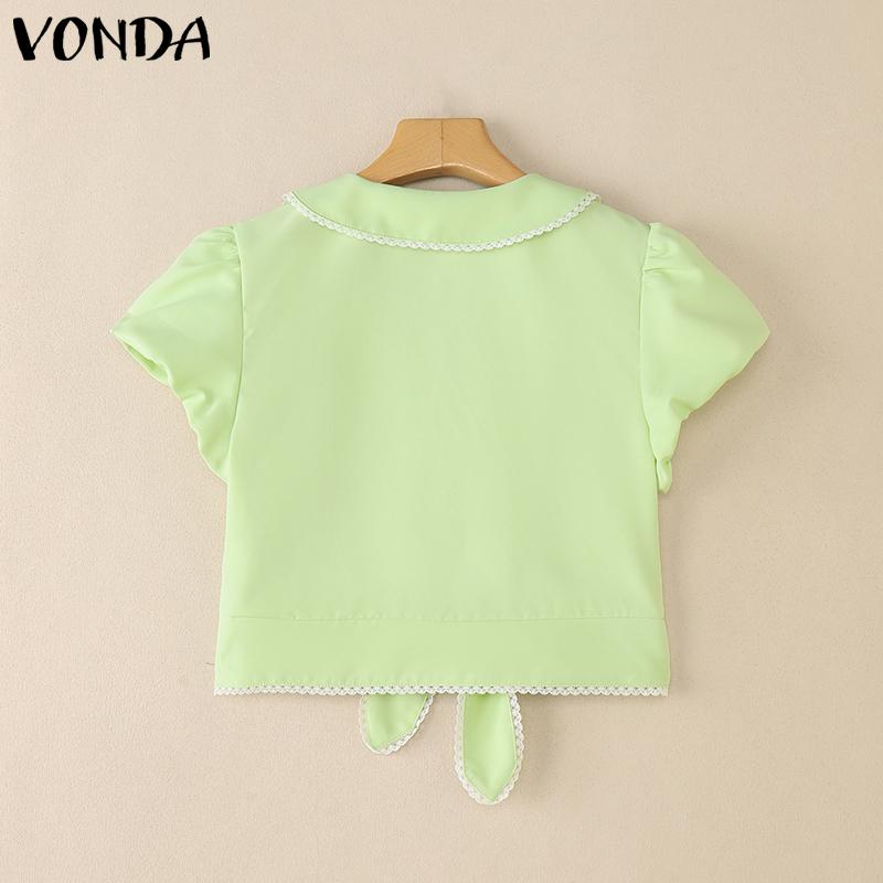 VONDA Women Lapel Collar Short Sleeve Twisted Lace Hem Casual Cropped Blouse
