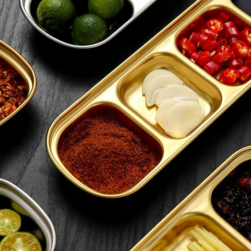Stainless Steel 1-4 Grids Seasoning Plate Dipping Dish Sauce Dish Hot pot Barbecue Flavor Dish Kitchen Condiment Tray
