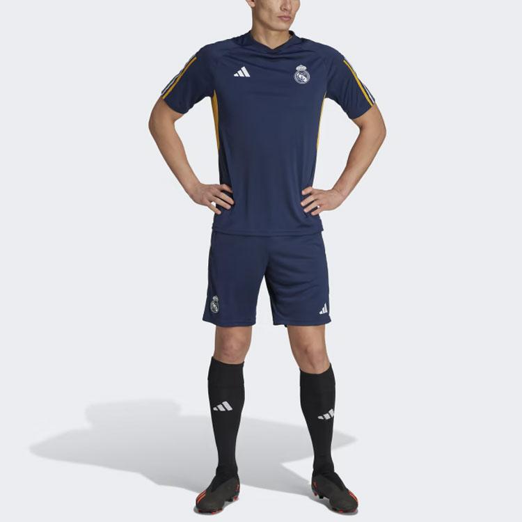 Adidas Real Madrid Tiro 23 Training Shorts Striped Logo Print Elastic Waist Straight Leg Football Shorts 23 Season Men Shorts Ink-Blue IB0870