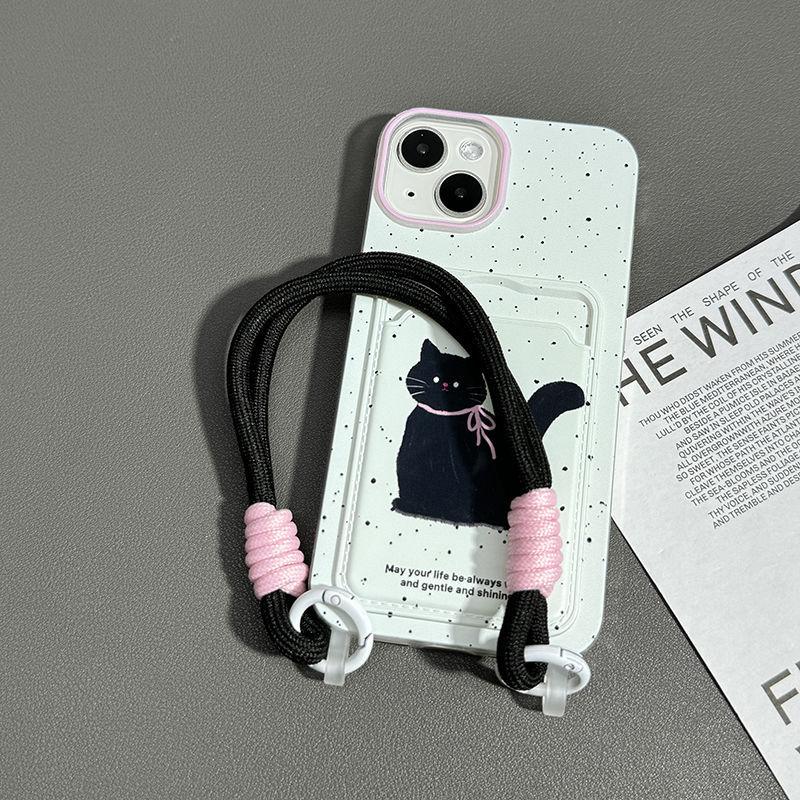 Cute Cartoon Dog Cat Phone Case with Lanyard Card Slot for iPhone 15 14 13 Pro Max Shockproof Cover