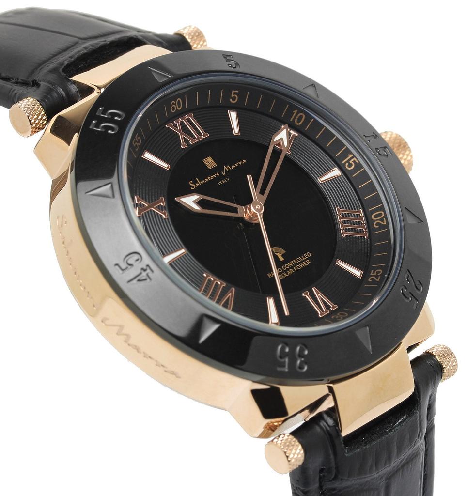 Salvatore Marra Pink Leather Men's Watch, Gold, Black, Radio-Controlled Solar, Strap, SM18112S-PGBK
