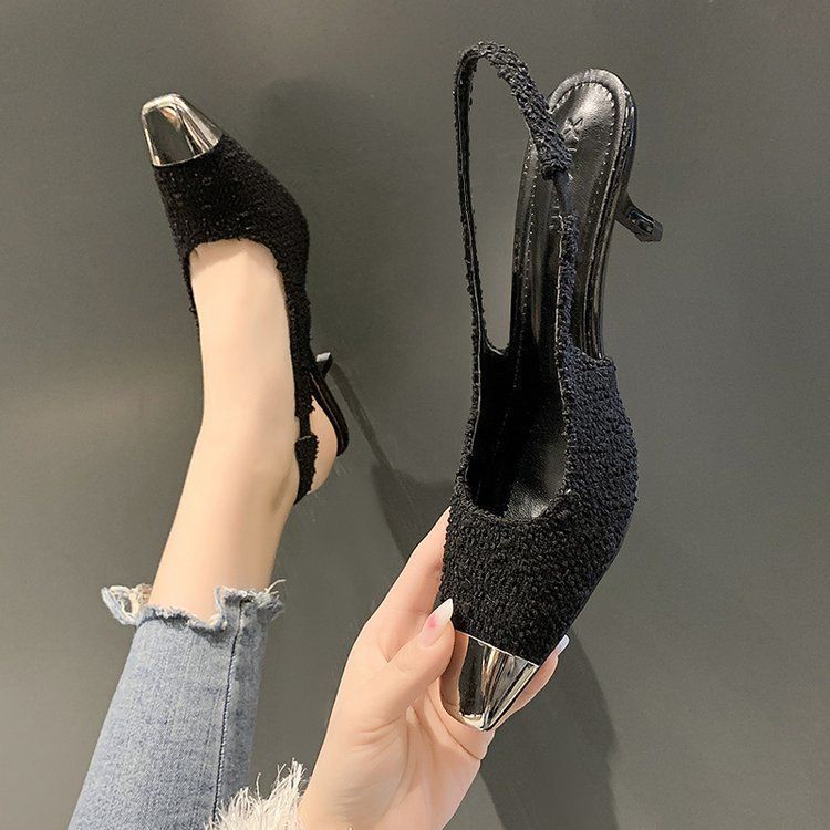 Black high heels women's 2025 spring new thin heels imperial sister style with dress metal pointed sexy bag head sandals
