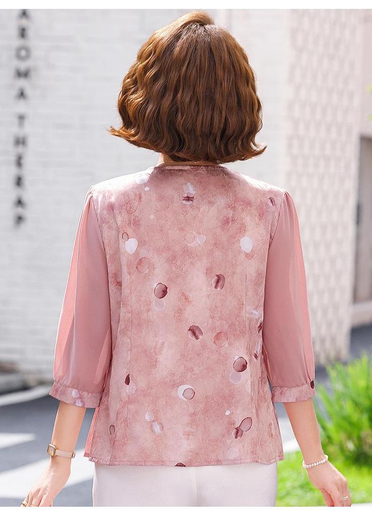 Middle-Aged Women's Plus Size Summer Top, Age-Reducing, Three-Quarter Sleeve, Chinese Style