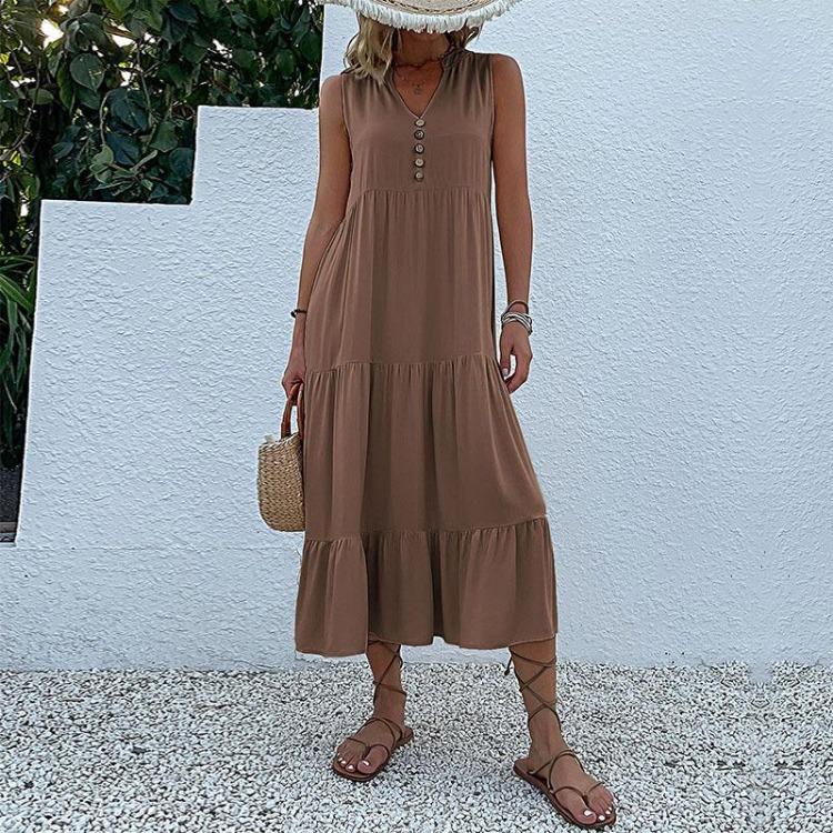 Robe d'été pour femme, coupe trapèze, longueur genou, sans manches, couleur unie, col en V