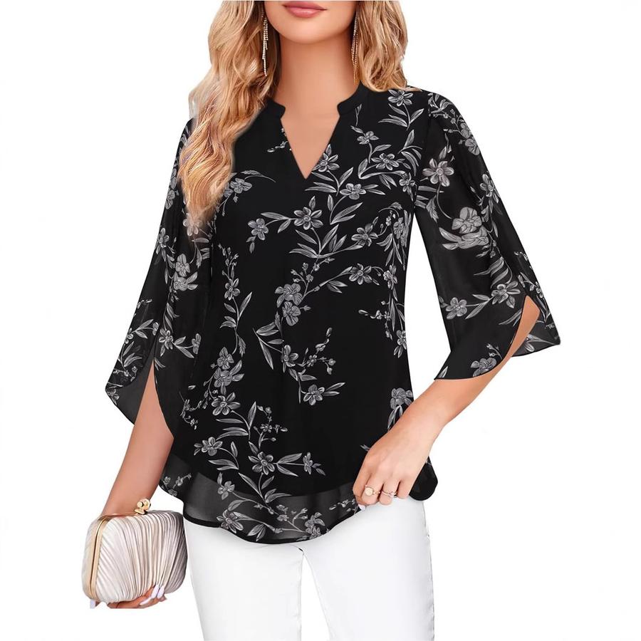 Casual Summer New Women's Floral Sleeve Top Loose V-Neck Chiffon Shirt