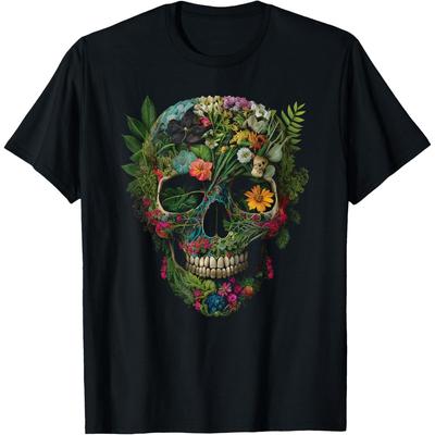 Haunted Botanical Garden Human Skull With Flowers And Plants Cotton Men T Shirt