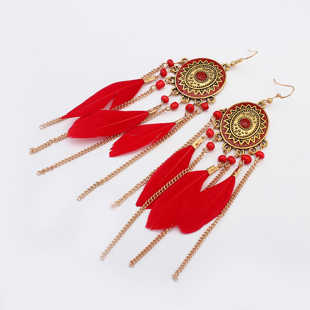 Women Bohemian Faux Feather Earrings Retro Ethnic Style Tassel Long Drop Dangle Earrings Jewelry Gifts For Girls