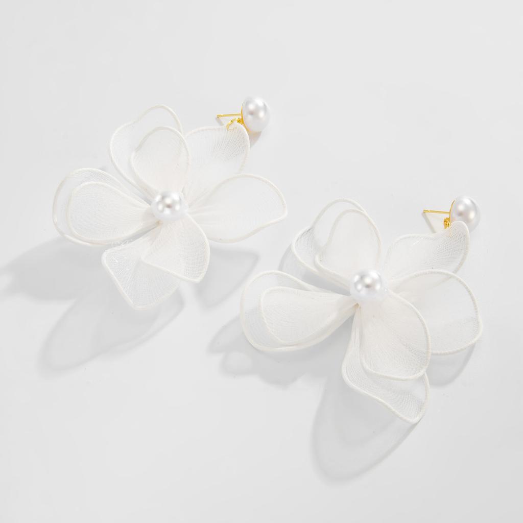 Damen Weiße Netz-Blumen-Hängeohrringe, Imitationsperlen-Hängeohrringe, Statement-Schmuck für Braut, Hochzeit, Party
