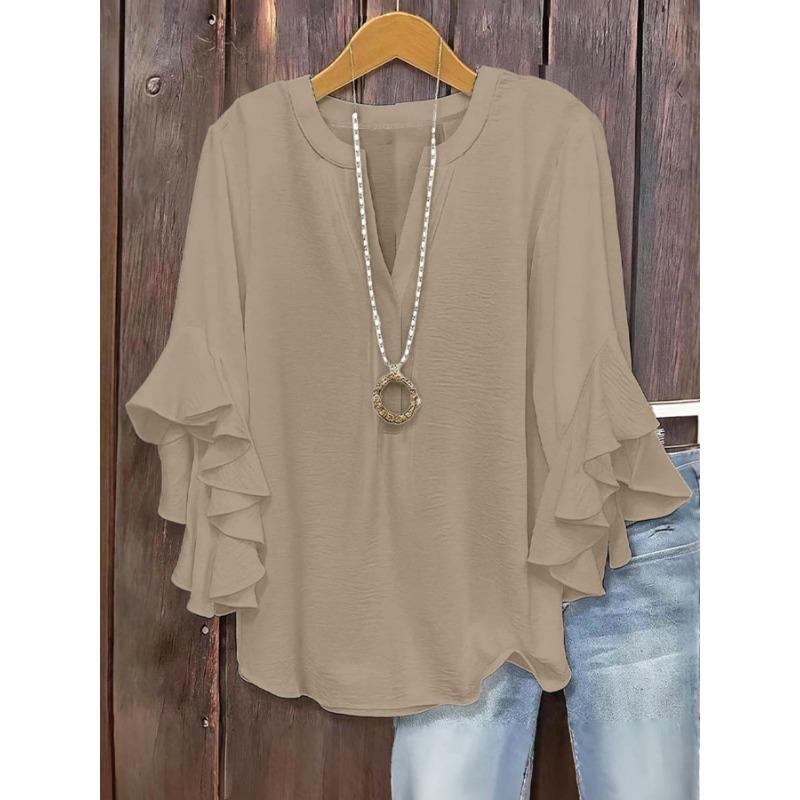 Fashion V-neck Loose Women Blouse Casual Plus Size Ruffled Seven Quarter Sleeve Shirt Spring Autumn Solid Color Sweet Simple Sweet Women's Clothing